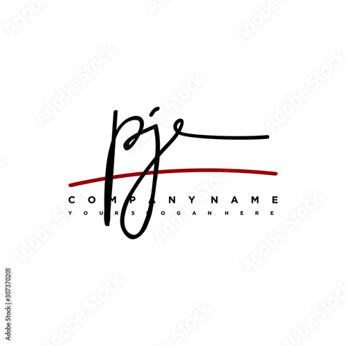 PJ signature initials. Handwritten logo vector template with red underline. Hand drawn Calligraphy lettering Vector illustration.