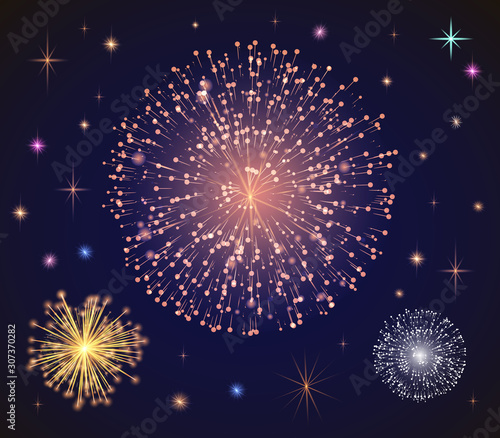 Fireworks at night sky with stars and glowing splashes. Festival and holidays celebration. Abstract pyrotechnics for carnival or party. Decoration for new year or christmas. Vector in flat style
