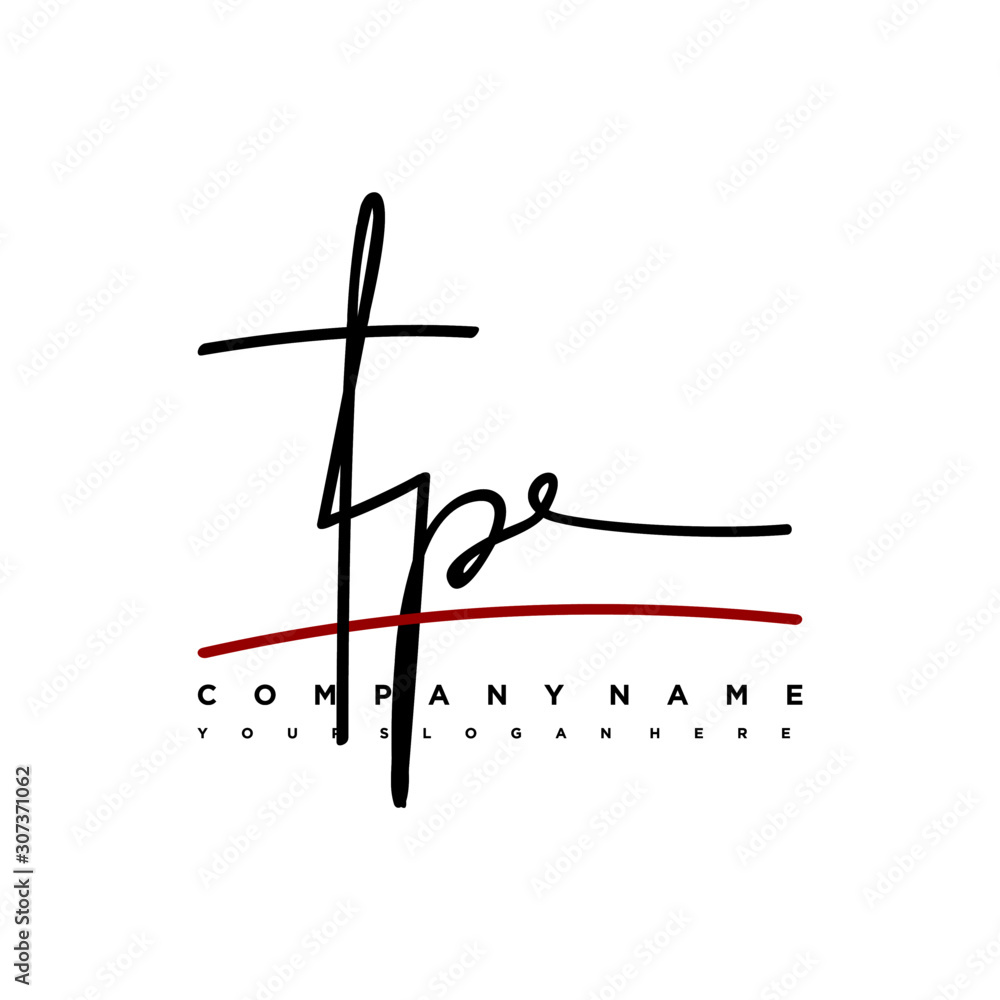 TP signature initials. Handwritten logo vector template with red underline. Hand drawn Calligraphy lettering Vector illustration.