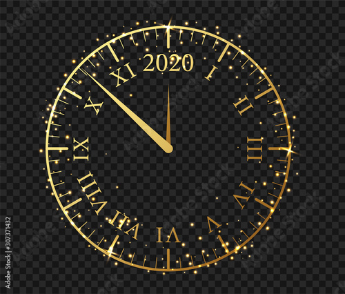 New Year 2020 golden clock. Сlock with a Roman dial a few minutes until midnight 2020.