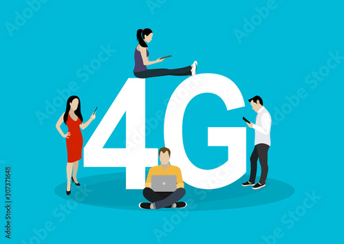 People with gadgets sitting on the big 5G symbol. Addicted to networks people concept illustration of young men and women using high speed wireless connection 4G via mobile smartphone