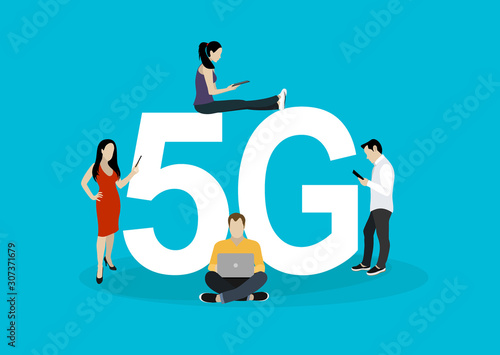 People with gadgets sitting on the big 5G symbol. Addicted to networks people concept illustration of young men and women using high speed wireless connection 5G via mobile smartphone