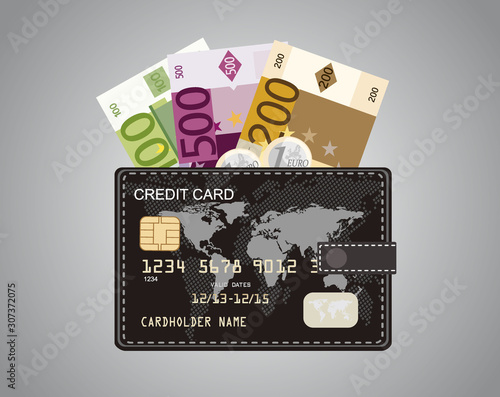 Credit card wallet with euro banknotes and coins, credit card template. World map on black background.