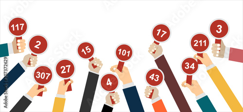 Auction and bidding concept. Hand holding auction paddle. Flat vector illustration.