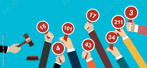 Auction and bidding concept. Hand holding auction paddle. Flat vector illustration.