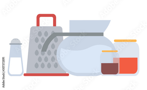 Glass jar container vector, isolated kitchen tools and instruments, water and grinder and spices in bottles, kitchenware with milk flat style salt shaker