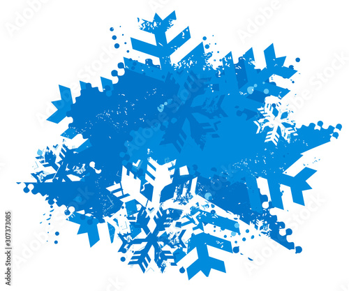 Snowflakes grunge background. Illustration of blue expressive winter background. Isolated on white background. Vector available.