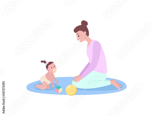Baby with mother vector, woman sitting on mat playing with toys, small girl wearing diaper and funny hairstyle. Parental care and happy moments