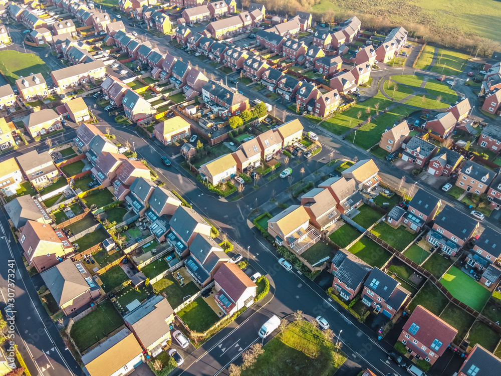 Aerial Houses Residential British England Drone Above View Summer Blue Sky Estate Agent