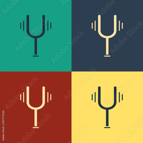 Color Musical tuning fork for tuning musical instruments icon isolated on color background. Vintage style drawing. Vector Illustration