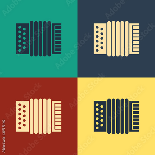 Color Musical instrument accordion icon isolated on color background. Classical bayan, harmonic. Vintage style drawing. Vector Illustration