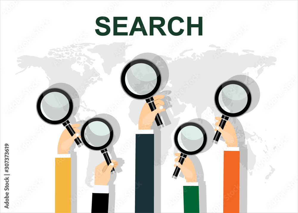 hands holding a magnifying glass. Concept of searching, detecting and analyzing. vector illustration in flat design on blue background hands holding a magnifying glass. Concept of searching, detecting and analyzing. vector illustration in flat design on blue background