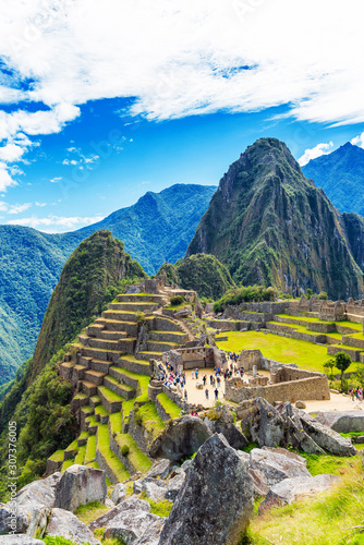 View of the ancient city of Machu Picchu, Peru. Vertical.