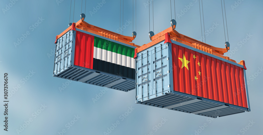 Two freight container with United Arab Emirates and China flag