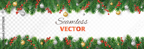 Vector Christmas decoration. Christmas tree border with holly berry and ornaments