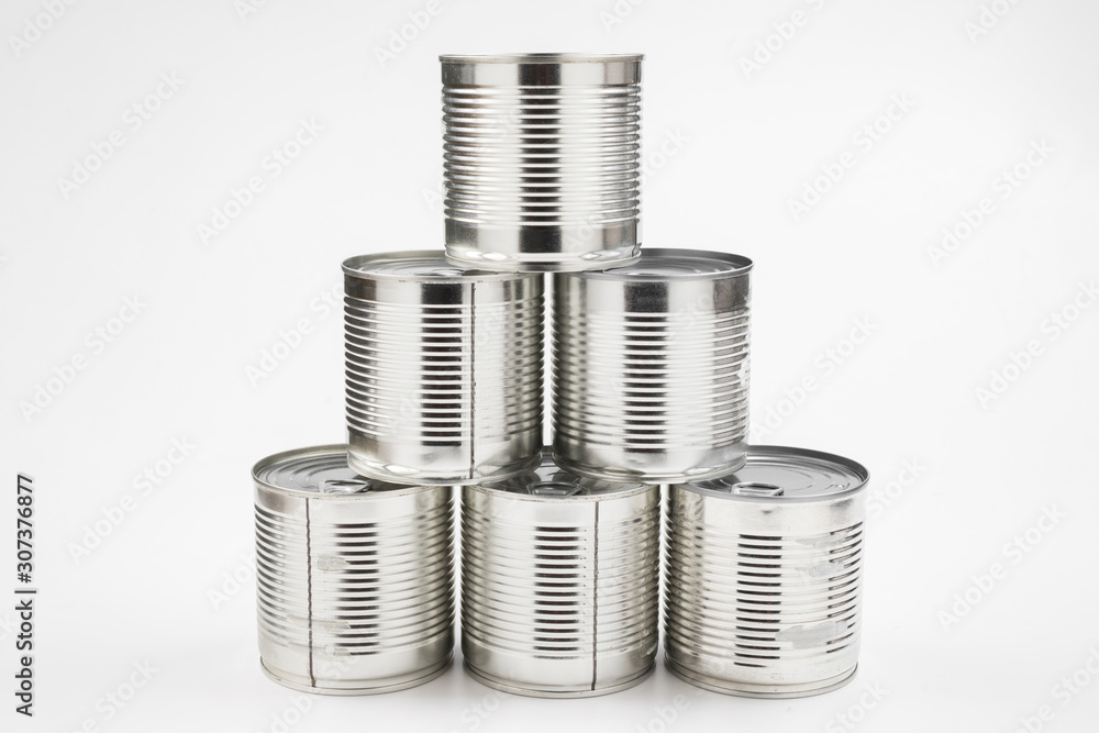 Group of silver canned food on white background. Group of silver canned food on white background.