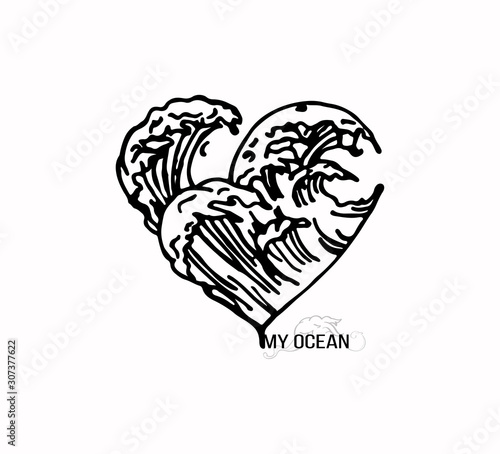 Vector illustration - stylish tattoo sketch - heart and waves. You are my ocean - a romantic confession