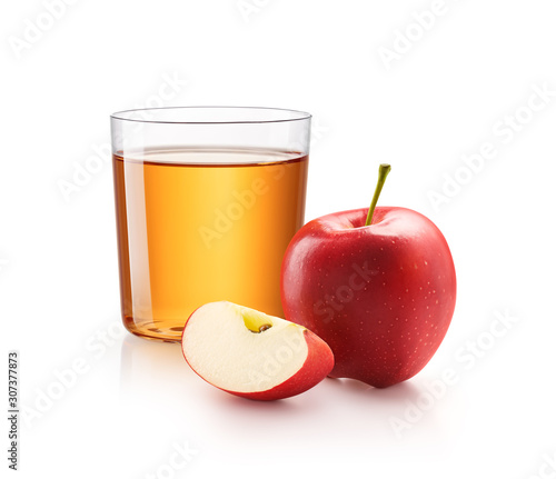 A glass of apple juice with red apples isolated on white background