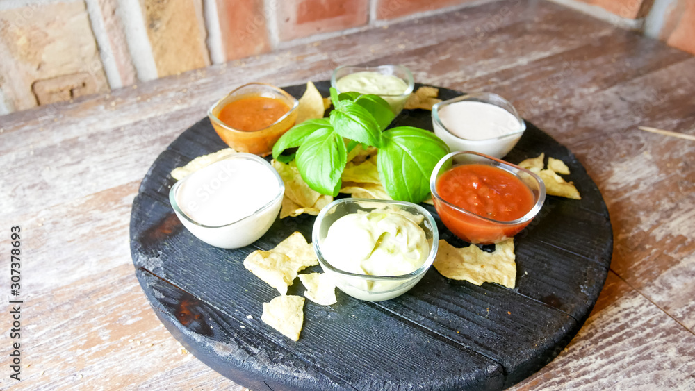 Sauce on a restaurant table Sauce on a restaurant table