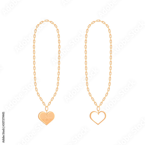 Gold heart locket with chain isolated on white background. Vector illustration.