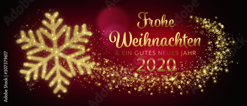 German Merry Christmas And Happy New Year 2020 Card With Golden Snowflake In Abstract Red Night