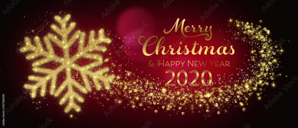 Merry Christmas And Happy New Year 2020 Card With Golden Snowflake In Abstract Red Night