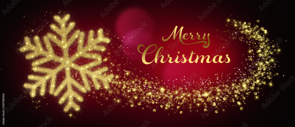 Merry Christmas Card With Golden Snowflake In Abstract Red Night Merry Christmas Card With Golden Snowflake In Abstract Red Night