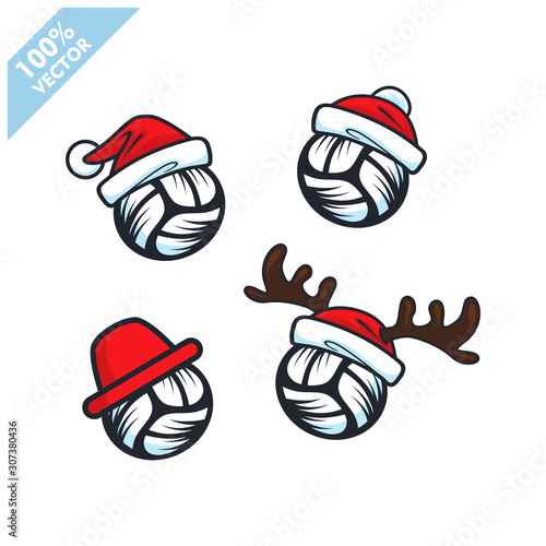 Volleyball ball with santa hat christmas theme set of 4 logo vector 