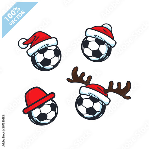 Soccer football ball with santa hat christmas theme set of 4 logo vector 