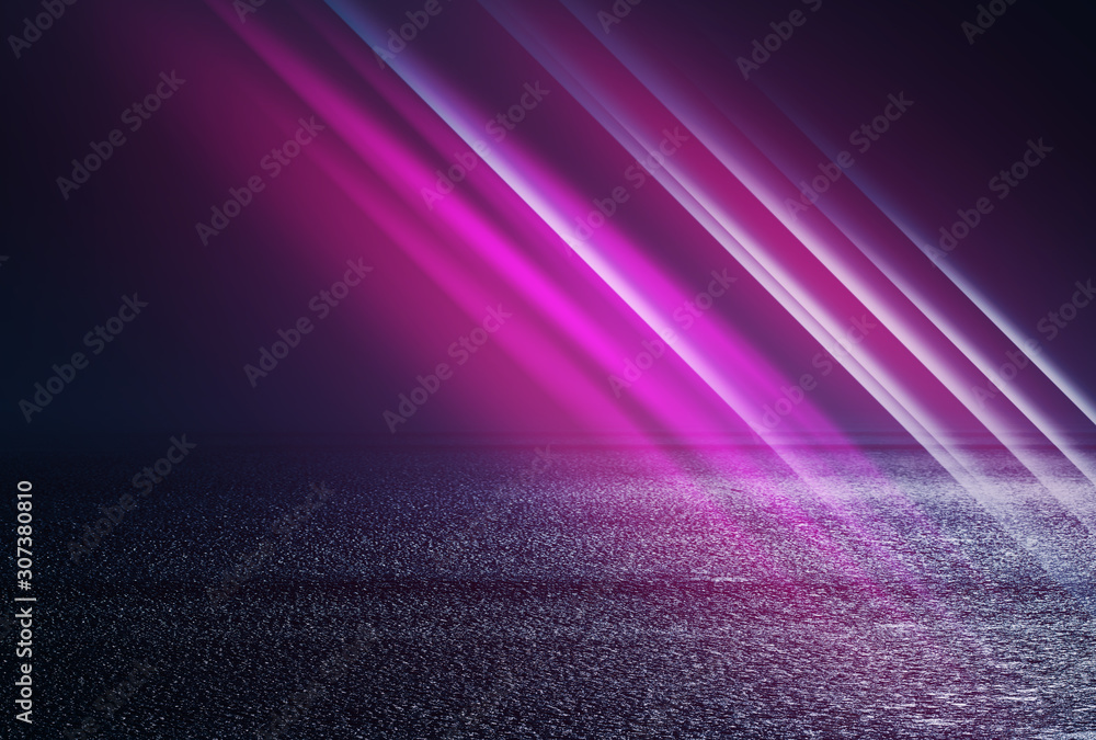 Obraz premium Empty background scene. Dark street reflection on wet asphalt. Rays of neon light in the dark, neon figures, smoke. Background of empty stage show. Abstract dark background.b