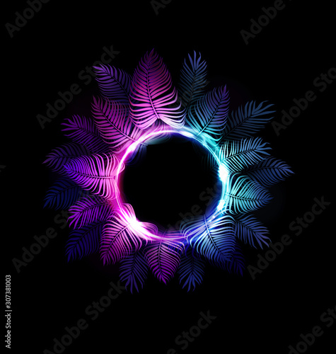 Tropic neon jungle night summer vector background. Hawaiian party. Dark tropical exotic illustration with palms and light neon circle for beach nightclub poster or sign, for edm music summer festival.