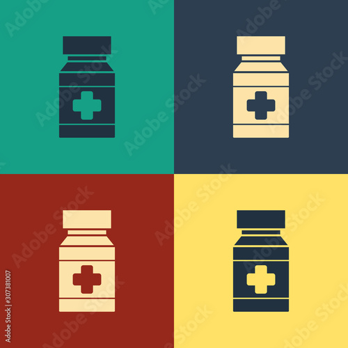 Color Dog medicine bottle and pills icon isolated on color background. Container with pills. Prescription medicine for animal. Vintage style drawing. Vector Illustration