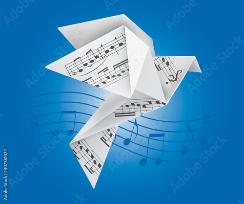 Origami dove with musical notes. Stylized illustration of paper pigeon on wave with musical notes on blue background. Vector available.