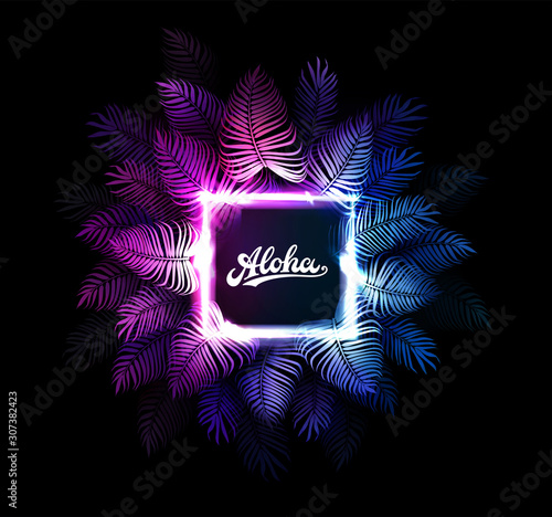Aloha Hawaii vector background. Dark tropical summer party design with palm leaves, neon rectangle, aloha text. Hawaiian party. Exotic cyberpunk illustration for beach nightclub or dance club.