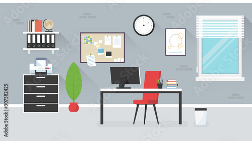 Vector Illustration Of Modern Office, Work Space Designed As Clean And Minimal Style