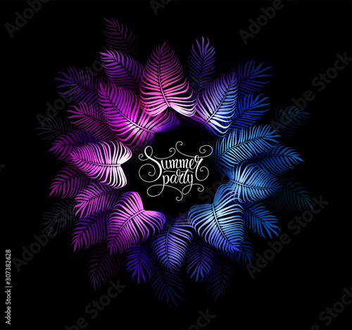 Neon tropical night summer party vector background. Hawaiian party. Dark jungle tropical exotic illustration with palm leaves. Neon light sign for beach nightclub. Summer poster, beach bar flyer.
