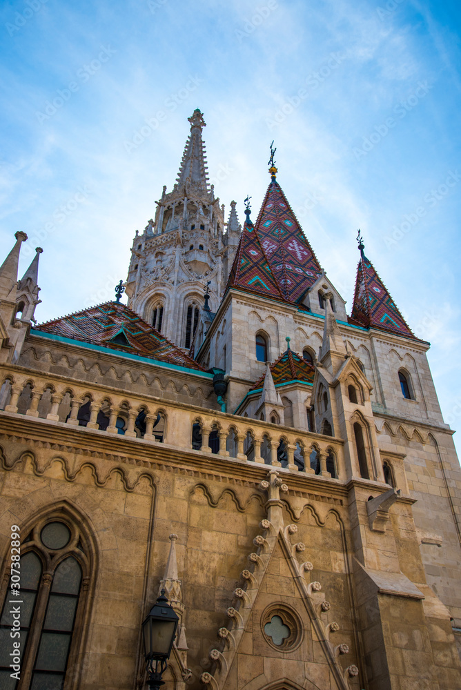 The Cathedral of St Matthias on Castle Hill where the kings of Hungary were crowned. It stands close to the Fishermen's Bastion overlooking Budapest