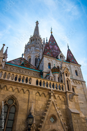 The Cathedral of St Matthias on Castle Hill where the kings of Hungary were crowned. It stands close to the Fishermen's Bastion overlooking Budapest