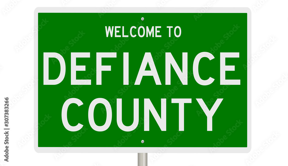 Rendering of a green 3d highway sign for Defiance County