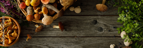 Mushrooms on old wooden background. Card on autumn or summertime. Forest harvest. Boletus, chanterelles, leaves, berries. Top view. Flat lay. Banner.
