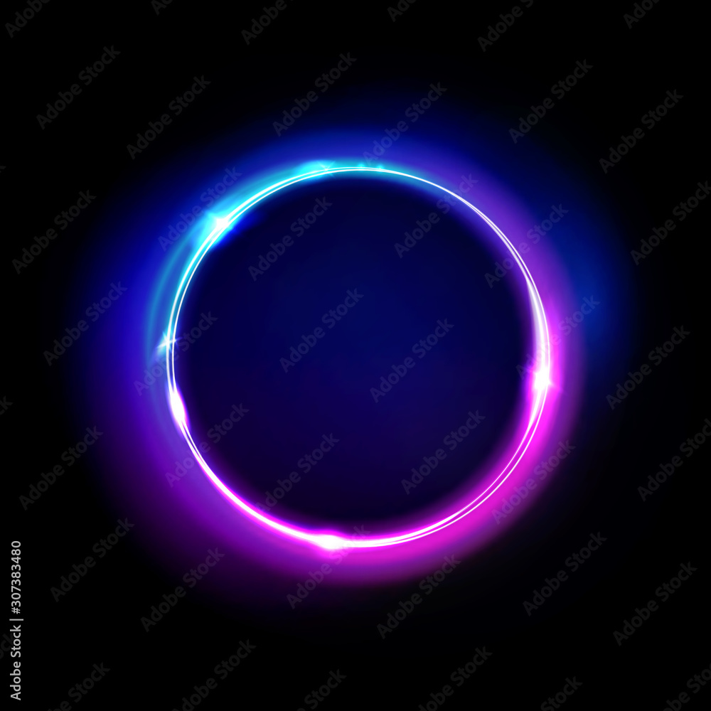 Neon circle sign vector. Light and glow round frame isolated on black  background. Purple, violet, blue and pink electric bright 3d circular  portal, laser, neon lamp bulb banner. Stock Vector | Adobe