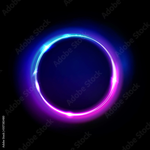 Neon circle sign vector. Light and glow round frame isolated on black background. Purple, violet, blue and pink electric bright 3d circular portal, laser, neon lamp bulb banner. photo