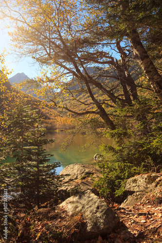 landscape on a high mountain lake, bright warm day, Kartika permeated with sunlight and warmth