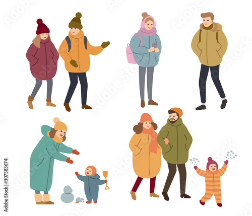 People outdoor in winter clothes. Vector illustration