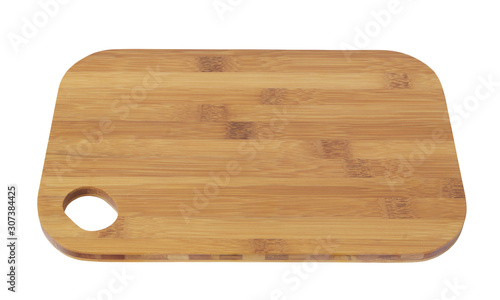 Bamboo cutting board isolated on white close up