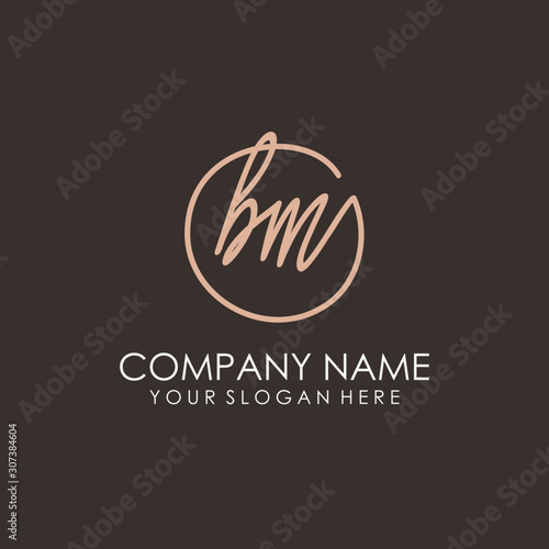 BM initials signature logo. Handwritten vector logo template connected to a circle. Hand drawn Calligraphy lettering Vector illustration.