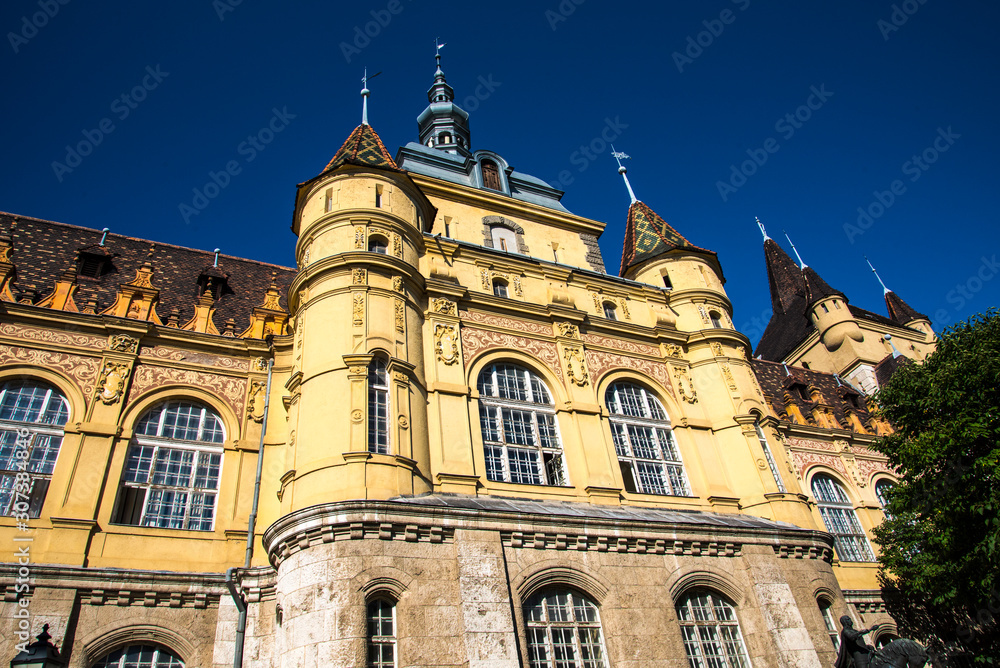 Fototapeta premium Vajdahunyad Castle is in the City Park of Budapest, Hungary built in 1896 celebrated the 1,000 years of the founding of Hungary,and is in fact a free of charge fantasy pastiche