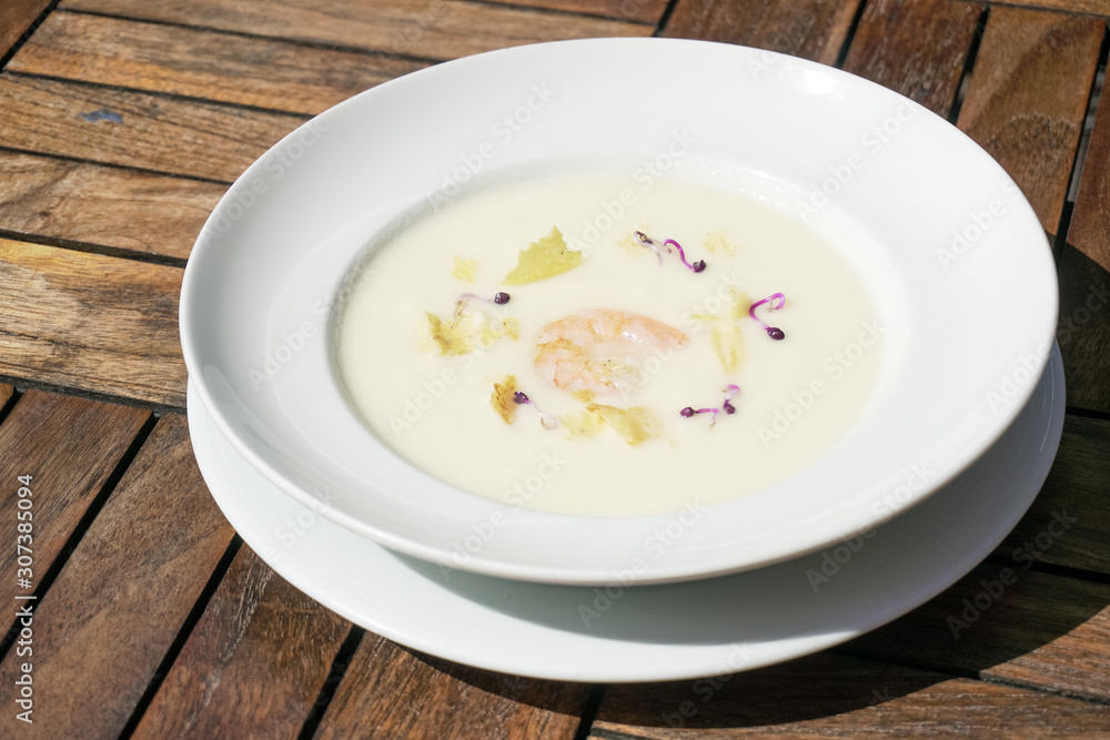 Soup on a restaurant table Soup on a restaurant table