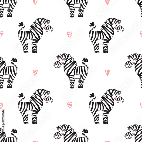 Animal Background for Kids. Vector Seamless Pattern with doodle Cute Zebras and Stars. Children s wallpaper