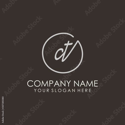 CT initials signature logo. Handwritten vector logo template connected to a circle. Hand drawn Calligraphy lettering Vector illustration.